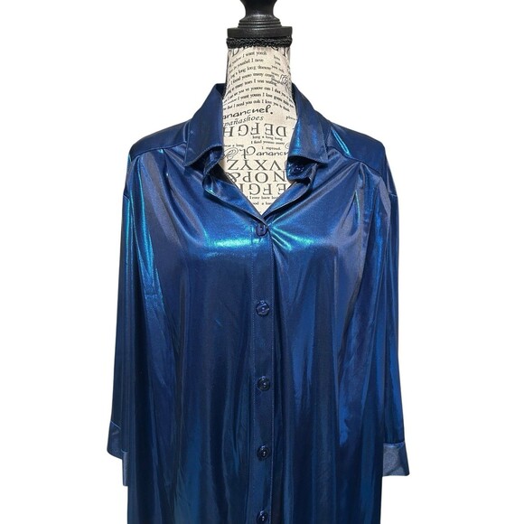 Vintage Y2K Button Shirt Plus 3X Shiny Metallic Blue Whimsigoth Witchy Fairy - Picture 2 of 9
